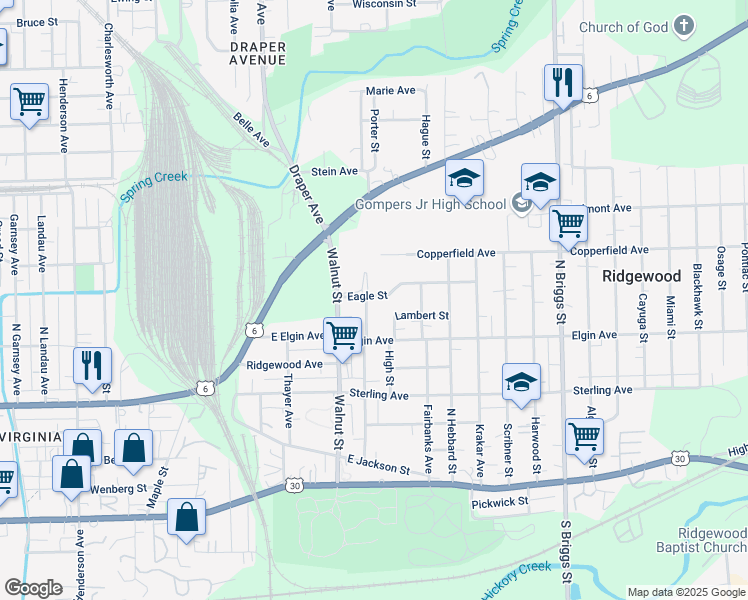 map of restaurants, bars, coffee shops, grocery stores, and more near 518 Leach Avenue in Joliet