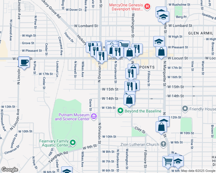 map of restaurants, bars, coffee shops, grocery stores, and more near 1626 West 15th Street in Davenport