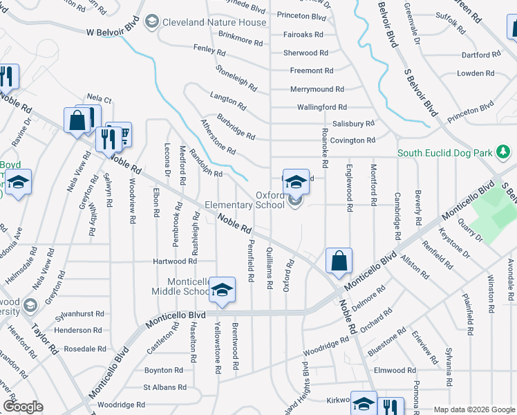 map of restaurants, bars, coffee shops, grocery stores, and more near 936 Nobleshire Road in Cleveland Heights
