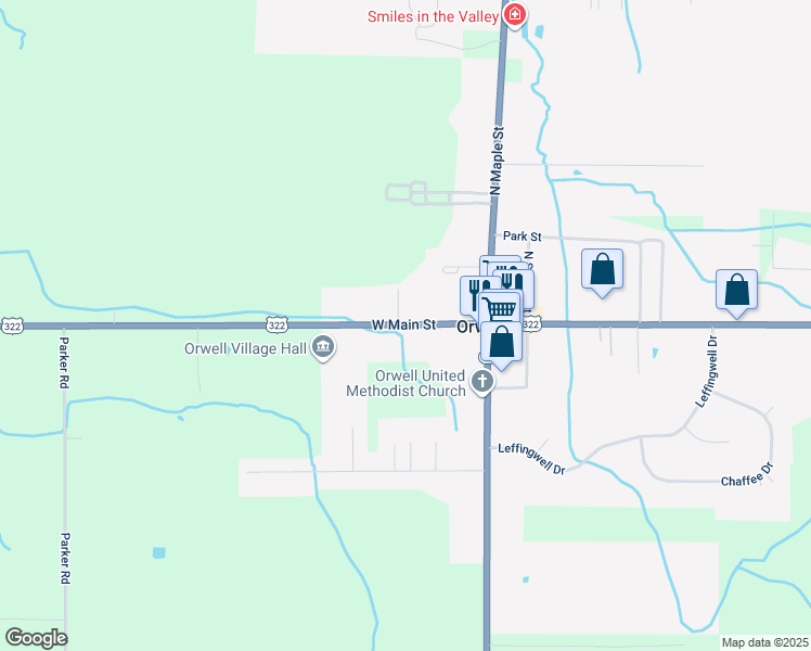 map of restaurants, bars, coffee shops, grocery stores, and more near 87 East Main Street in Orwell
