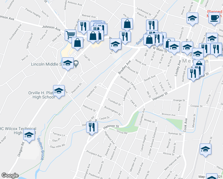 map of restaurants, bars, coffee shops, grocery stores, and more near 210 Bradley Avenue in Meriden