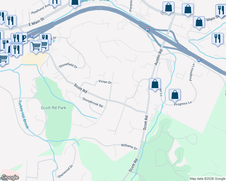 map of restaurants, bars, coffee shops, grocery stores, and more near 40 Hartley Drive in Waterbury