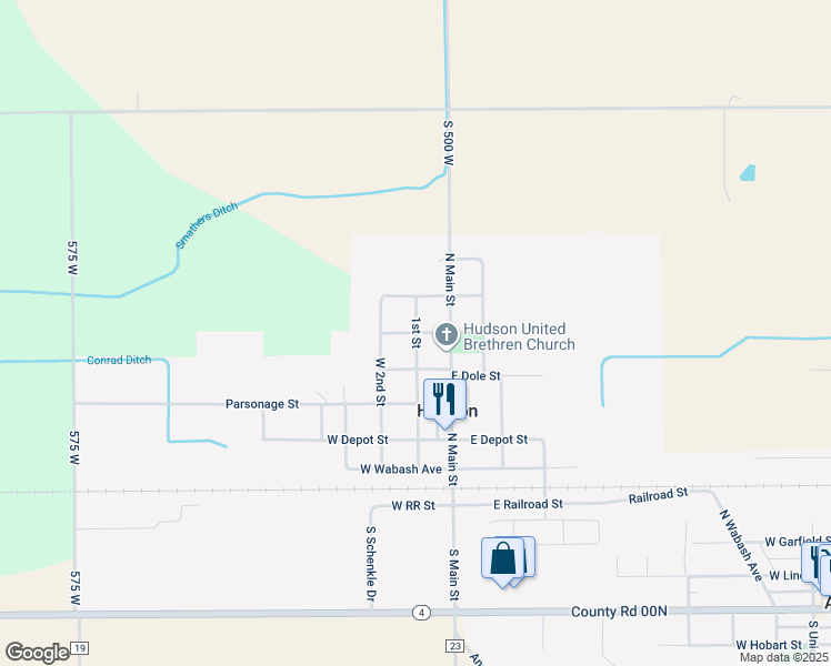 map of restaurants, bars, coffee shops, grocery stores, and more near 201 West Zonker Street in Hudson