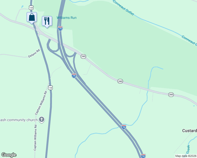 map of restaurants, bars, coffee shops, grocery stores, and more near 17857 Highway 285 in Cochranton