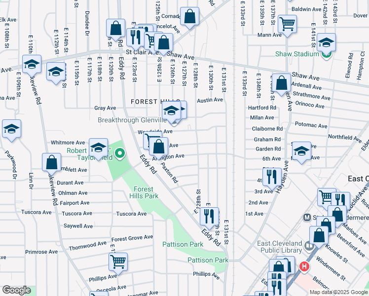 map of restaurants, bars, coffee shops, grocery stores, and more near 12626 Edmonton Avenue in Cleveland