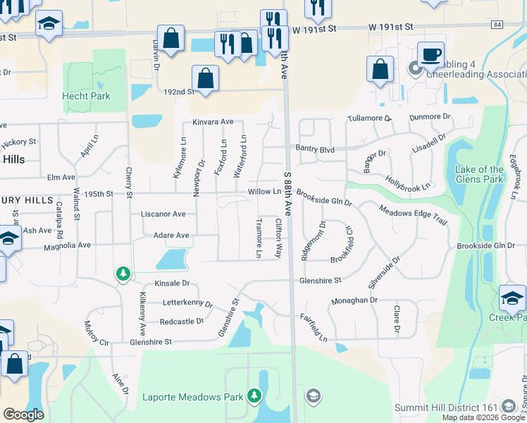 map of restaurants, bars, coffee shops, grocery stores, and more near 8834 Clifton Way in Mokena