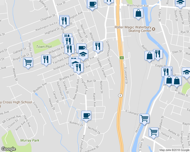 map of restaurants, bars, coffee shops, grocery stores, and more near 79 Ross Street in Waterbury