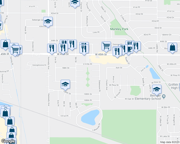 map of restaurants, bars, coffee shops, grocery stores, and more near 3102 98th Street in Highland