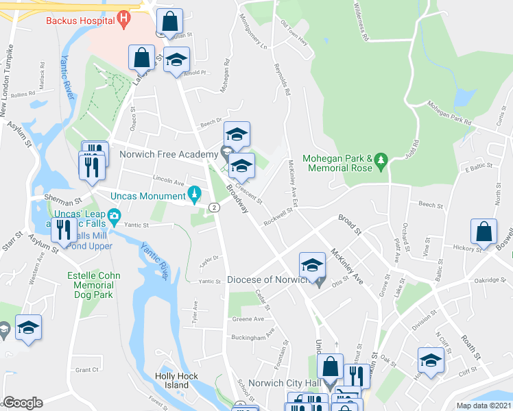 map of restaurants, bars, coffee shops, grocery stores, and more near 275 Broadway in Norwich