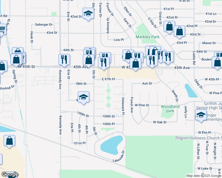 map of restaurants, bars, coffee shops, grocery stores, and more near 3102 98th St in Highland