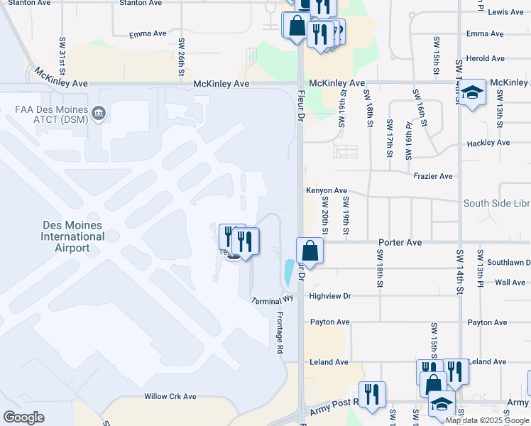 map of restaurants, bars, coffee shops, grocery stores, and more near 5600 Fleur Drive in Des Moines