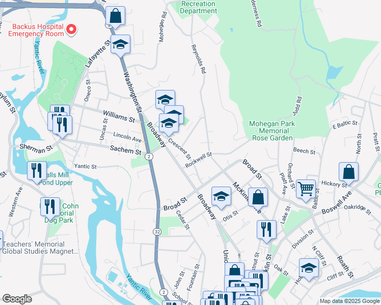 map of restaurants, bars, coffee shops, grocery stores, and more near 34 Rockwell Street in Norwich