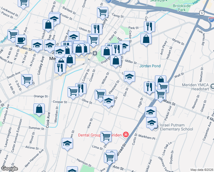 map of restaurants, bars, coffee shops, grocery stores, and more near 66 Willow Street in Meriden