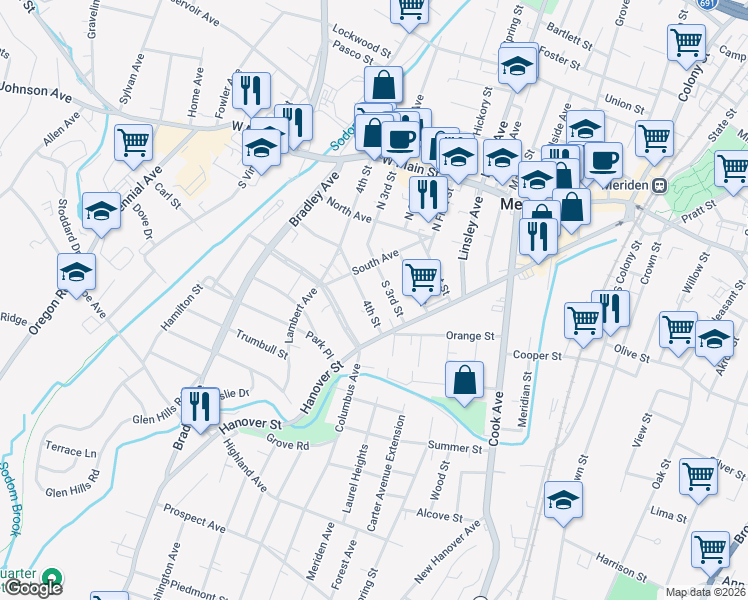 map of restaurants, bars, coffee shops, grocery stores, and more near 28 South 3rd Street in Meriden