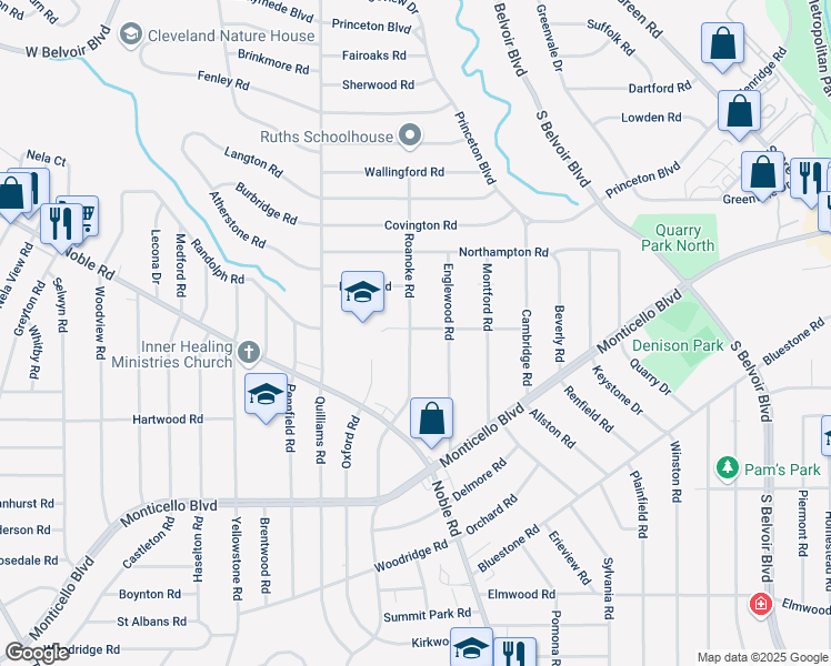 map of restaurants, bars, coffee shops, grocery stores, and more near 922 Roanoke Road in Cleveland Heights