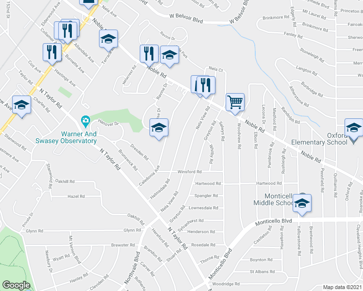 map of restaurants, bars, coffee shops, grocery stores, and more near 924 Nela View Road in Cleveland Heights