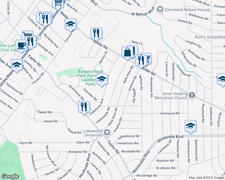 map of restaurants, bars, coffee shops, grocery stores, and more near 927 Caledonia Avenue in Cleveland Heights