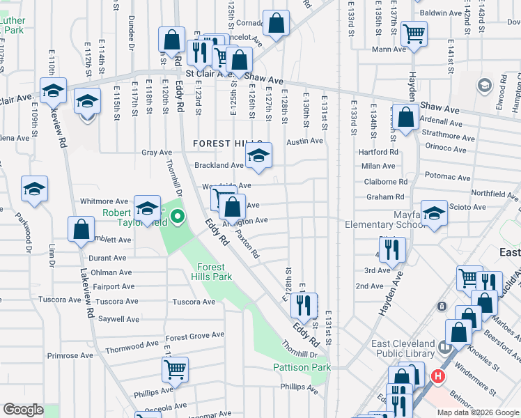 map of restaurants, bars, coffee shops, grocery stores, and more near 12626 Edmonton Avenue in Cleveland