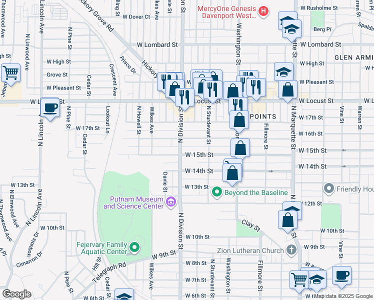 map of restaurants, bars, coffee shops, grocery stores, and more near 1626 West 15th Street in Davenport