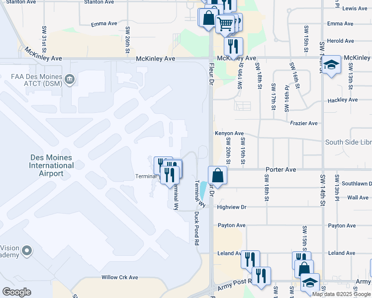 map of restaurants, bars, coffee shops, grocery stores, and more near Northeast Service Road in Des Moines