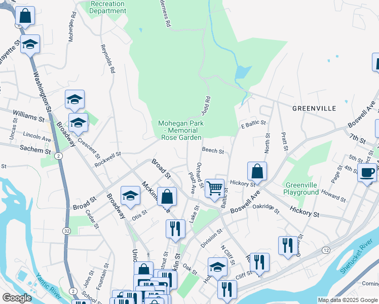 map of restaurants, bars, coffee shops, grocery stores, and more near 115 Platt Avenue in Norwich