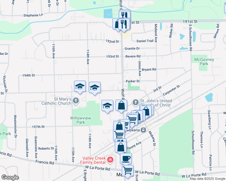map of restaurants, bars, coffee shops, grocery stores, and more near 11234 195th Street in Mokena
