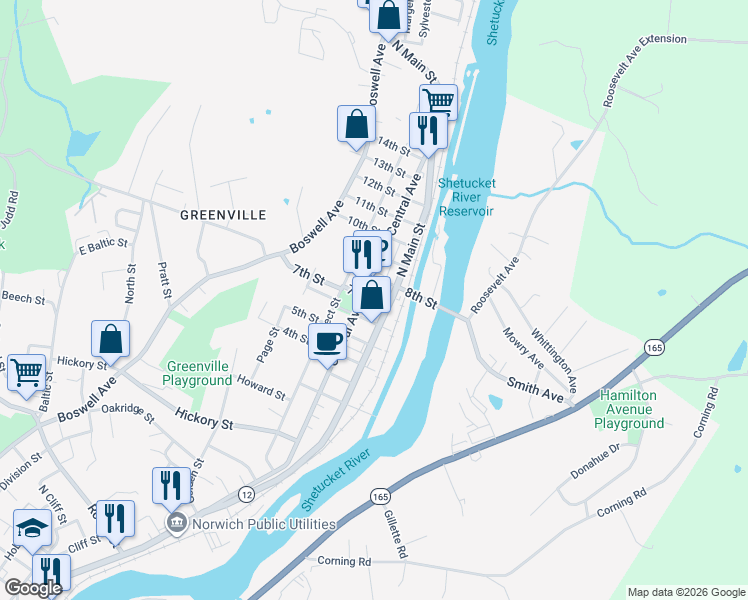 map of restaurants, bars, coffee shops, grocery stores, and more near 261 Central Avenue in Norwich