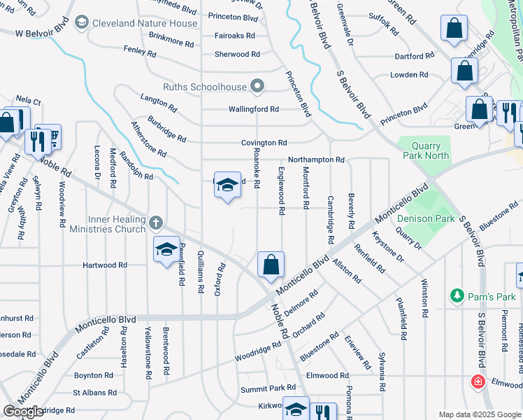 map of restaurants, bars, coffee shops, grocery stores, and more near 922 Roanoke Road in Cleveland Heights