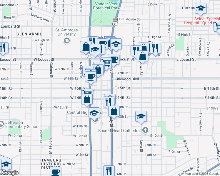 map of restaurants, bars, coffee shops, grocery stores, and more near 1506 Brady Street in Davenport