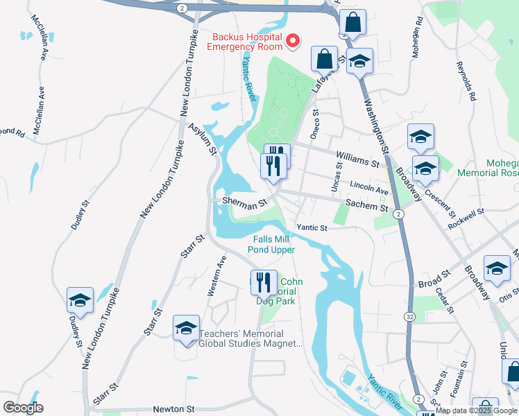 map of restaurants, bars, coffee shops, grocery stores, and more near 82 Sherman Street in Norwich
