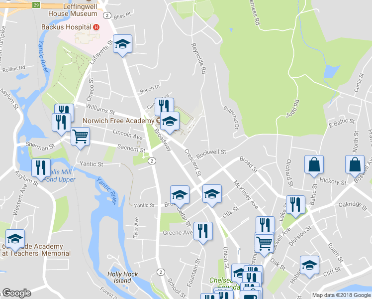 map of restaurants, bars, coffee shops, grocery stores, and more near 75 Crescent Street in Norwich