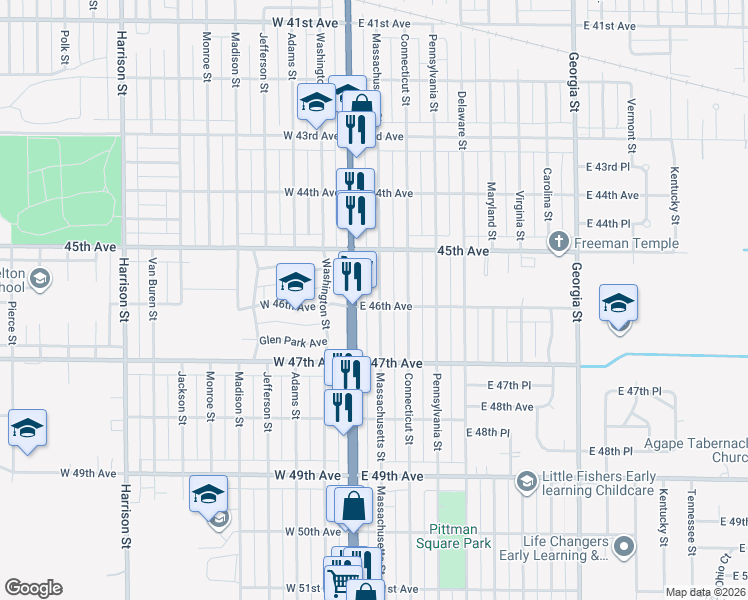 map of restaurants, bars, coffee shops, grocery stores, and more near 4588 Massachusetts Street in Gary