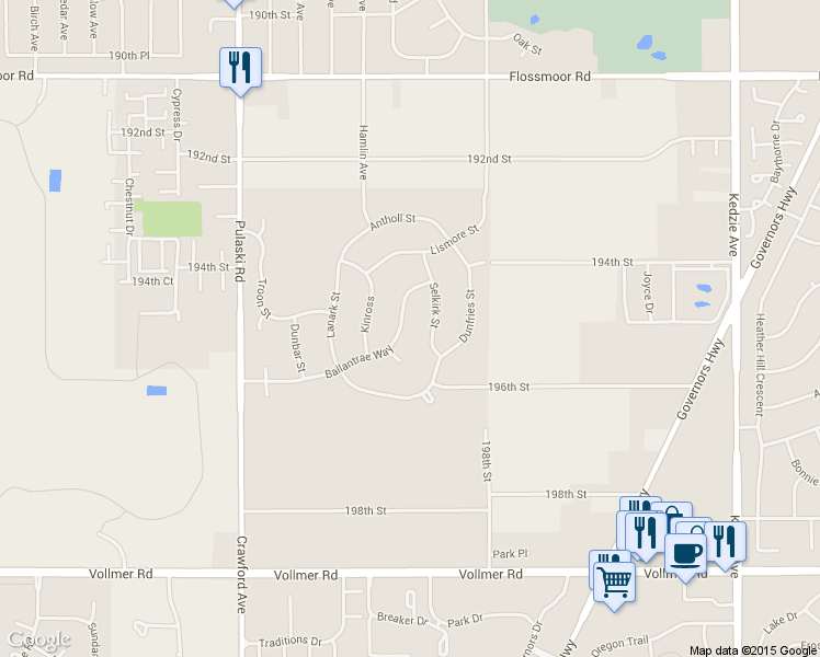 map of restaurants, bars, coffee shops, grocery stores, and more near 3722 Ballantrae Way in Flossmoor