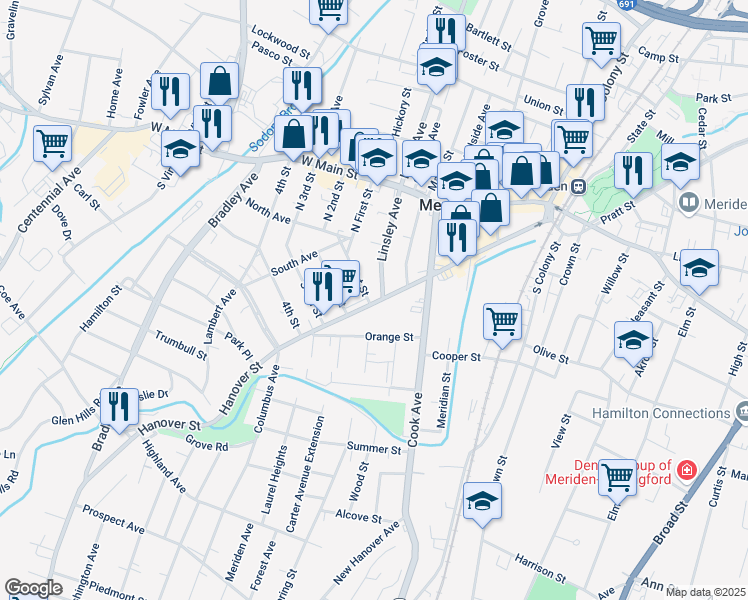 map of restaurants, bars, coffee shops, grocery stores, and more near in Meriden