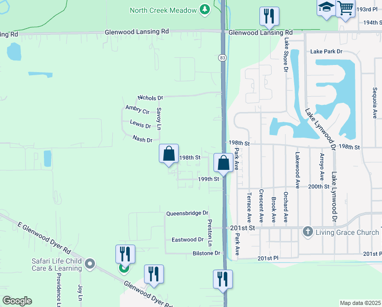 map of restaurants, bars, coffee shops, grocery stores, and more near 2282 199th Street in Lynwood