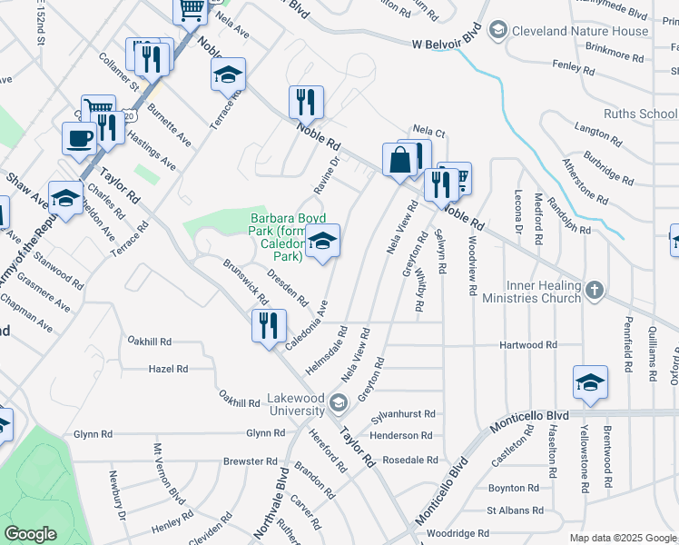map of restaurants, bars, coffee shops, grocery stores, and more near 927 Caledonia Avenue in Cleveland Heights