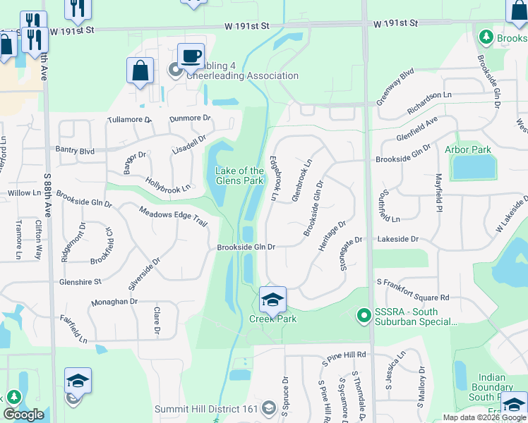 map of restaurants, bars, coffee shops, grocery stores, and more near 19537 Edgebrook Lane in Tinley Park