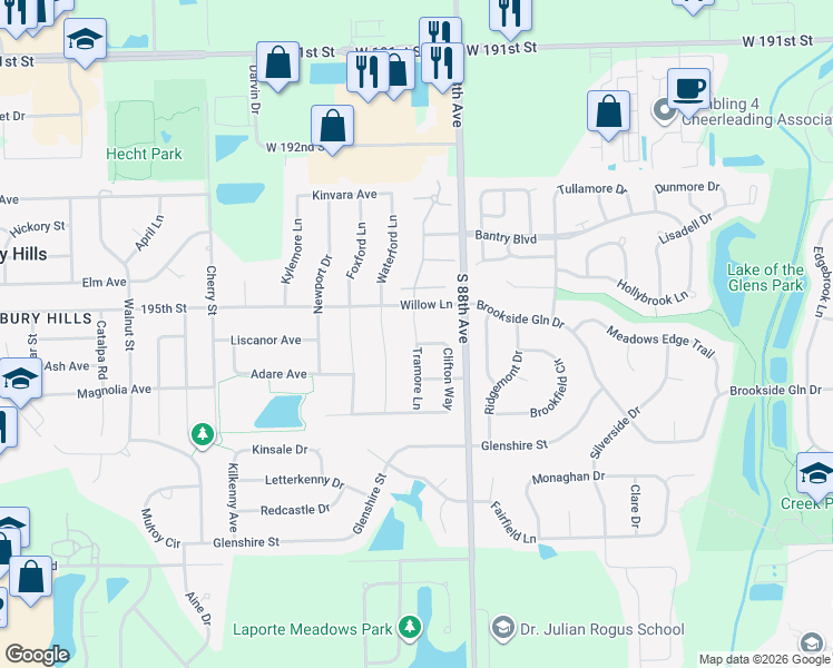 map of restaurants, bars, coffee shops, grocery stores, and more near 8834 Clifton Way in Mokena