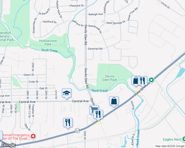 map of restaurants, bars, coffee shops, grocery stores, and more near 1209 Devils Glen Road in Bettendorf