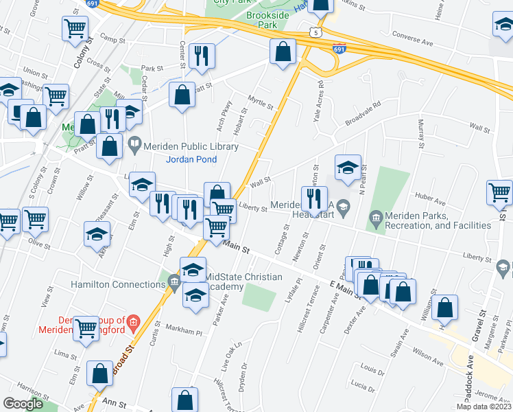 map of restaurants, bars, coffee shops, grocery stores, and more near 254 Liberty Street in Meriden