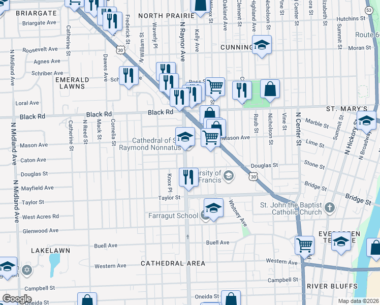 map of restaurants, bars, coffee shops, grocery stores, and more near 608 North Raynor Avenue in Joliet