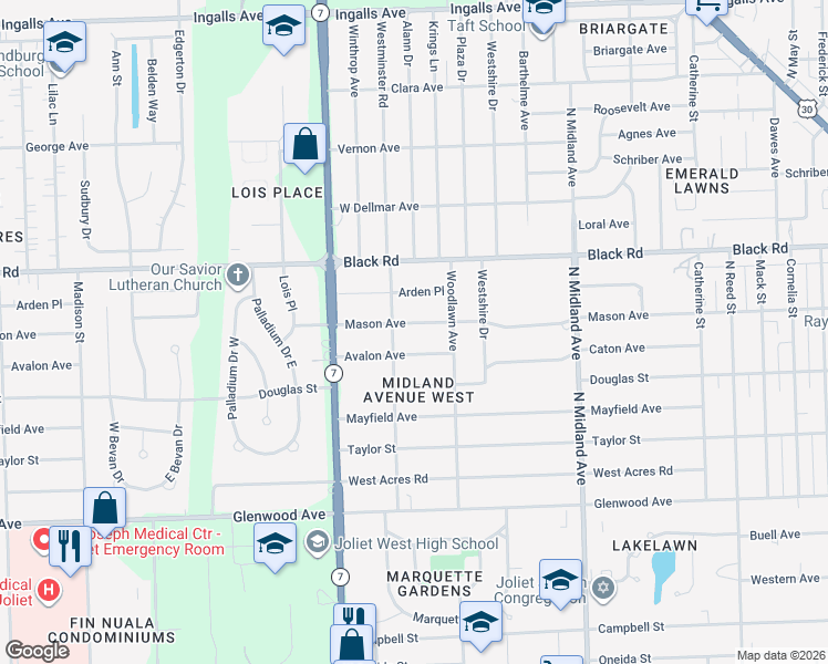 map of restaurants, bars, coffee shops, grocery stores, and more near 1614 Mason Avenue in Joliet