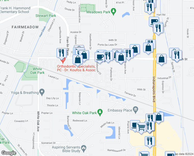 map of restaurants, bars, coffee shops, grocery stores, and more near 9834 Wildwood Court in Highland