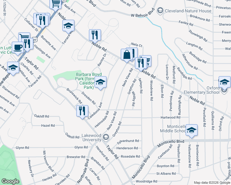 map of restaurants, bars, coffee shops, grocery stores, and more near 924 Nela View Road in Cleveland Heights
