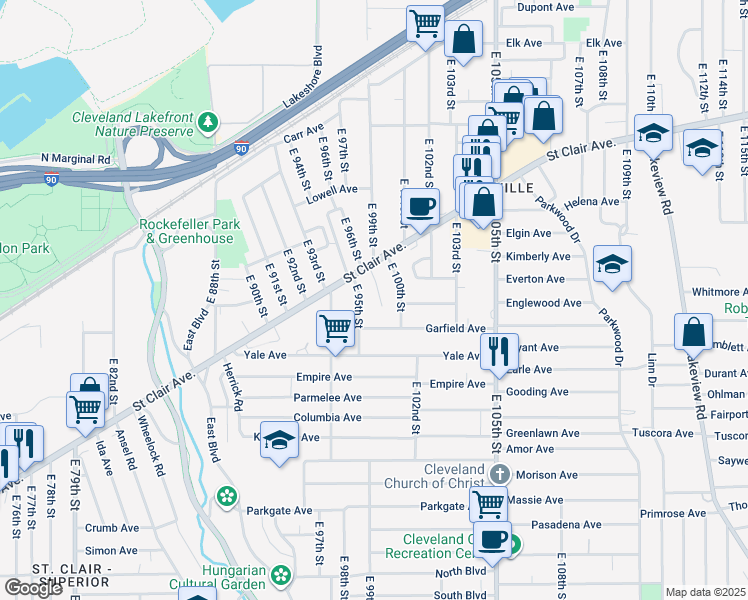 map of restaurants, bars, coffee shops, grocery stores, and more near 815 East 95th Street in Cleveland