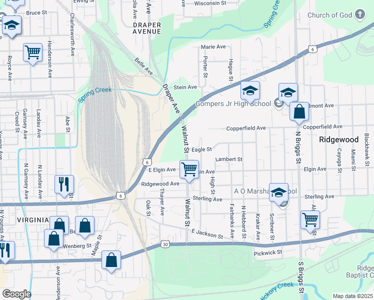 map of restaurants, bars, coffee shops, grocery stores, and more near 1200 Eagle Street in Joliet