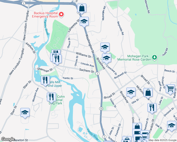 map of restaurants, bars, coffee shops, grocery stores, and more near 51 Sachem Street in Norwich