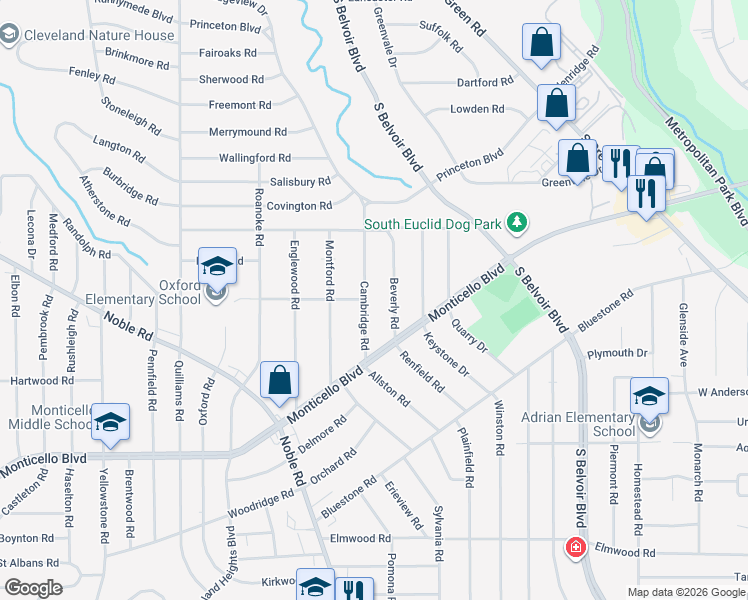 map of restaurants, bars, coffee shops, grocery stores, and more near 926 Cambridge Road in Cleveland Heights