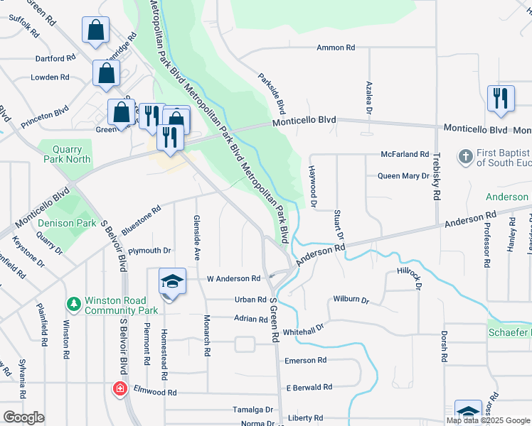 map of restaurants, bars, coffee shops, grocery stores, and more near 943 South Green Road in South Euclid