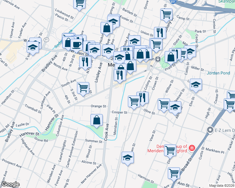 map of restaurants, bars, coffee shops, grocery stores, and more near 116 Cook Avenue in Meriden